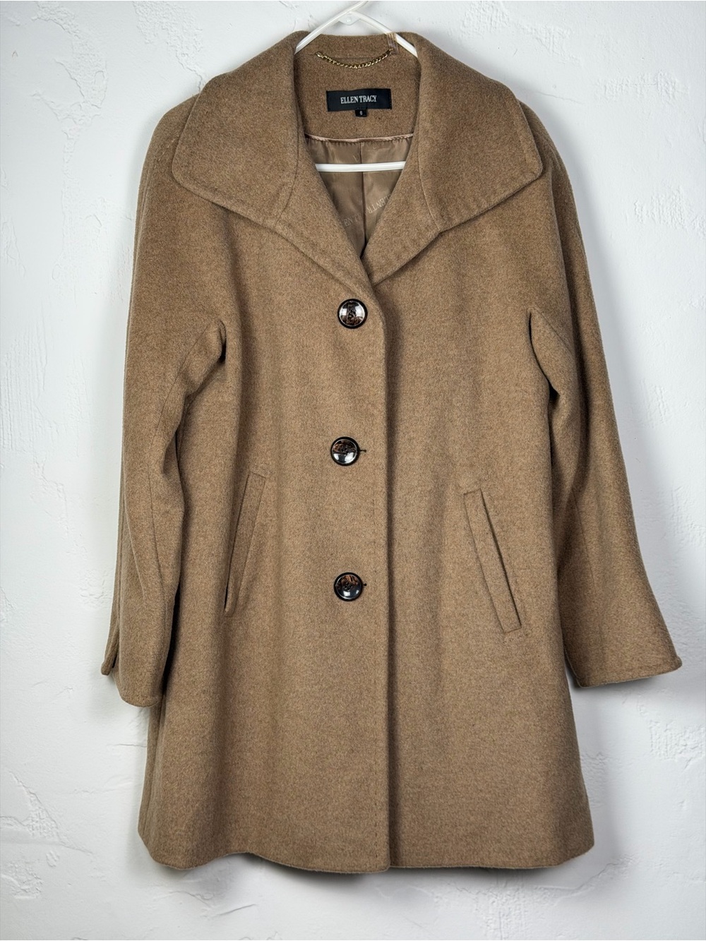Ellen Tracy Camel Tan Wheat Brown Angora Wool Blend Pea Coat Style Size 6 NWOT